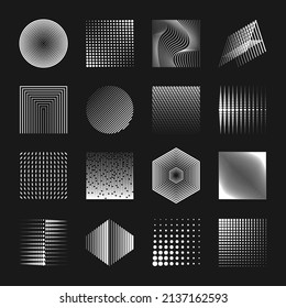 Set of 16 geometric shapes. Memphis design, retro elements for web, vintage, advertisement, commercial banner, poster, leaflet, billboard, sale. Collection trendy halftone vector geometric shapes.