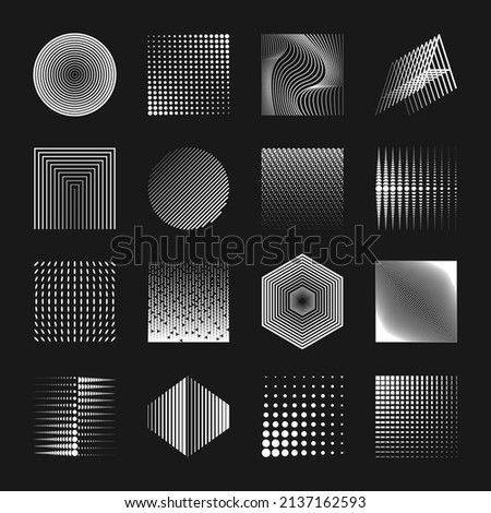 Set of 16 geometric shapes. Memphis design, retro elements for web, vintage, advertisement, commercial banner, poster, leaflet, billboard, sale. Collection trendy halftone vector geometric shapes.