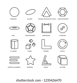 Set Of 16 Geometry linear icons such as 3d cube, Angle, Asterisk, Center alignment, Circle, Ennegon, Disk, Cylinder, Dimensions, editable stroke icon pack, pixel perfect