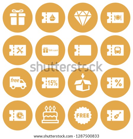 Set of 16 gift and coupon icons on round yellow background