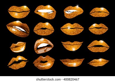 Set 16 glamour lips, with orange lipstick colors. Vector illustration. element. Woman's lip gestures set. Girl mouths close up with orange lipstick makeup expressing different emotions. EPS10 vector.
