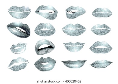 Set of 16 glamour lips, with silver lipstick colors. Vector illustration. element. Woman's lip gestures set. Girl mouths close up with lips lipstick makeup expressing different emotions. EPS10 vector.