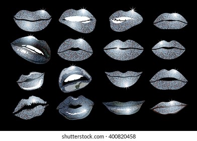 Set of 16 glamour lips, with silver lipstick colors. Vector illustration. element. Woman's lip gestures set. Girl mouths close up with lips lipstick makeup expressing different emotions. EPS10 vector.