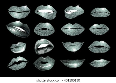 Set of 16 glamour lips, with silver lipstick colors. Vector illustration. element. Woman's lip gestures set. Girl mouths close up with lips lipstick makeup expressing different emotions. EPS10 vector.
