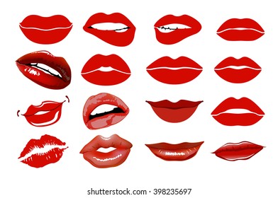 Set of 16 glamour lips, with vinous lipstick colors. Vector illustration. element. Woman's lip gestures set. Girl mouths close up with red lipstick makeup expressing different emotions. EPS10 vector. 