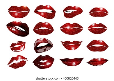Set of 16 glamour lips, with vinous lipstick colors. Vector illustration. element. Woman's lip gestures set. Girl mouths close up with red lipstick makeup expressing different emotions. EPS10 vector. 