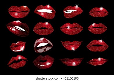 Set of 16 glamour lips, with vinous lipstick colors. Vector illustration. element. Woman's lip gestures set. Girl mouths close up with red lipstick makeup expressing different emotions. EPS10 vector. 