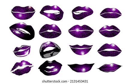 Set of 16 glamour lips, with violet lipstick colors. Vector illustration. element. Woman s lip gestures set. Girl mouths close up lipstick makeup expressing different emotions. EPS10 vector. art