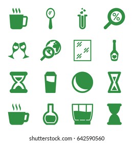 set of 16 glass filled icons such as mug, drink, mirror, window, champagne bottle with heart, clink glasses, heart test tube, test tube, hourglass