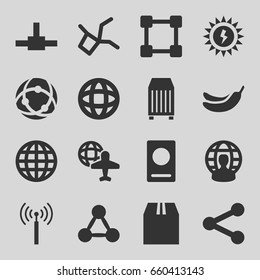 Set of 16 global filled icons such as signal tower, passport, banana, globe and plane, cargo container, user globe