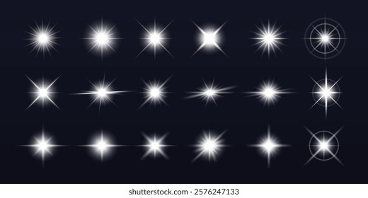 Set of 16 glowing starburst effects on a dark background. Starburst designs vary in shape and intensity. Bright starburst collection for design use. Overlay effect vector element set.