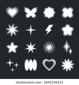 Set of 16 glowing white shapes on a dark background, including stars, hearts, flowers, and lightning. Bright, luminous, and diverse geometric designs. Cute glowing element set vector.