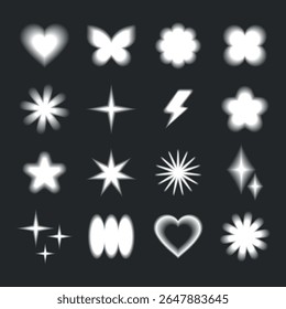 Conjunto de 16 formas brancas brilhantes em um fundo escuro, incluindo estrelas, corações, flores e relâmpagos. Designs geométricos brilhantes, luminosos e diversos. Vetor de conjunto de elementos brilhante bonito.