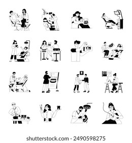 Set of 16 Glyph Style Dentist Activities Illustrations

