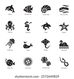 Set of 16 Glyph Style Water Animals Icons 

