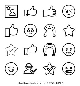 Set of 16 good outline icons such as horseshoe, star, angry emot, horseshoe, thumb up, favorite photo, thumbs up