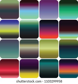 Set of 16 gradients with color themes inspired by evening skies on the horizon. Suggested use for overlays, transparencies, object fills, backgrounds and fades with ability to add and subtract colors.