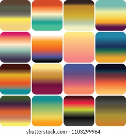 Set of 16 gradients with color themes inspired by sunsets on the horizon. Suggested use for overlays, transparencies, object fills, backgrounds and fades with ability to add and subtract colors.