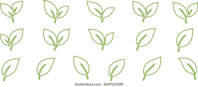 Set of 16 green leaf outline icons in minimal style. Clean and modern botanical elements perfect for eco packaging, vegan labels, sustainability branding, and nature themes
