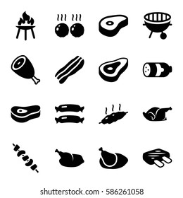 Set of 16 grilled filled icons such as beef, sausage, chicken, kebab, bbq, bacon