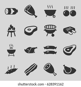 set of 16 grilled filled icons such as beef, sausage, chicken, bbq, bacon, meat