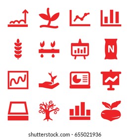 set of 16 growing filled icons such as beet, bag with ground, square plant pot, chart, chart on display, plant, plant on hand, graph, money tree