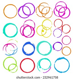 Set of 16 grunge abstract textured vector cup or wine stains. Glass print of circles shapes. Vector design elements. Vintage and retro background. Banners silhouettes.