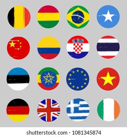 Set of 16 grunge flags  - round icons