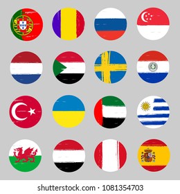 Set of 16 grunge flags  - round icons