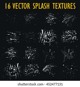 Set of 16 grungy artistic textures. White messy hand drawn drops, splashes, blots and stains isolated on black background. Qualitative trace of real paint and ink
