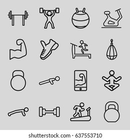 set of 16 gym outline icons such as treadmill, barbell, exercise bike, push up, kettle, muscular arm  on phone, muscular arm, power lifter, trainers, fit ball