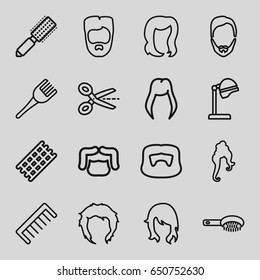 set of 16 hairstyle outline icons such as hair brush, salon hair dryer, hair curler, comb, coloring brush