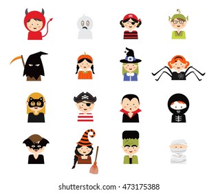 Set of 16 Halloween costume characters and kids , vector illustration