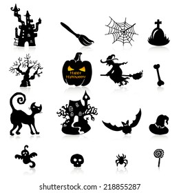 Set of 16 Halloween icons with reflection on white background