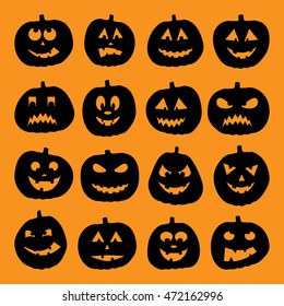 Set of 16 halloween pumpkins, vector illustration