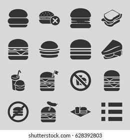 set of 16 hamburger filled icons such as no fast food, burger, sandwich, double burger with flag, burger with sausage