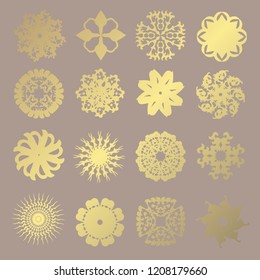 Set of 16 hand drawn decorative golden snowflakes, design elements. Christmas and New Year background. Winter theme