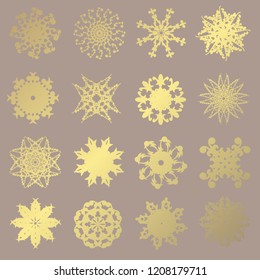 Set of 16 hand drawn decorative golden snowflakes, design elements. Christmas and New Year background. Winter theme