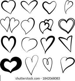 Set of 16 hand drawn heart isolated on white background. Vector illustration for  graphic design concept of love, linear icons