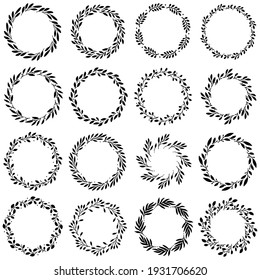 Set of 16 hand drawn spring wreaths isolated on white background, vector. Silhouette circle of leaves. Doodle style.Collection of floral frames.