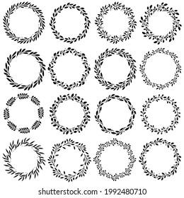 Set of 16 hand drawn spring wreaths isolated on white background, vector. Silhouette circle of leaves. Doodle style.Collection of floral frames.