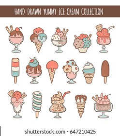 Set of 16 hand drawn vector ice cream illustrations isolated on white. Cones and ice creams with different flavors made in cartoon style.