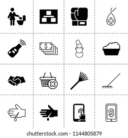 Set of 16 hand filled and outline icons such as planning, handshake, rake, car key, basin, toilet clean, finger on touch screen, bllod on hand, boxing glove