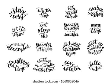 Set Of 16 Hand Lettering Vector. Christmas Season And Winter Quotes And Phrases For Cards, Banners, Posters, Mug, Scrapbooking, Pillow Case, Phone Cases And Clothes Design. 