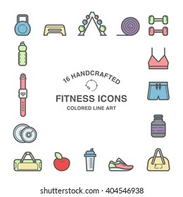 Set of 16 handcrafted Fitness icons made in colored line art style.