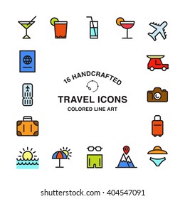 Set of 16 handcrafted travel icons made in colored line art style.