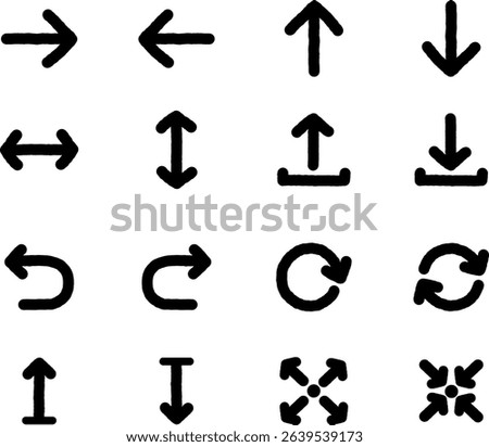 A set of 16 hand-drawn arrow icons in a clean black outline style. Perfect for UI design, web navigation, and functional direction indicators.