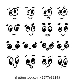 A set of 16 hand-drawn vector illustrations of various cute cartoon faces with different emotions.