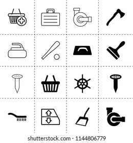 Set Of 16 Handle Filled And Outline Icons Such As Axe, Water Pump, Scraper, Scoop, Brush, Nail, Plastering Trowel, Shopping Basket, Helm, Car Window Lift, Case, Baseball