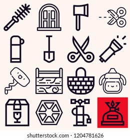 Set of 16 handle outline icons such as ax, toolbox, scissors, door, toilet brush, air pump, fragile, sith, basket, thermo, sippy cup, shovel, corkscrew, oil lamp